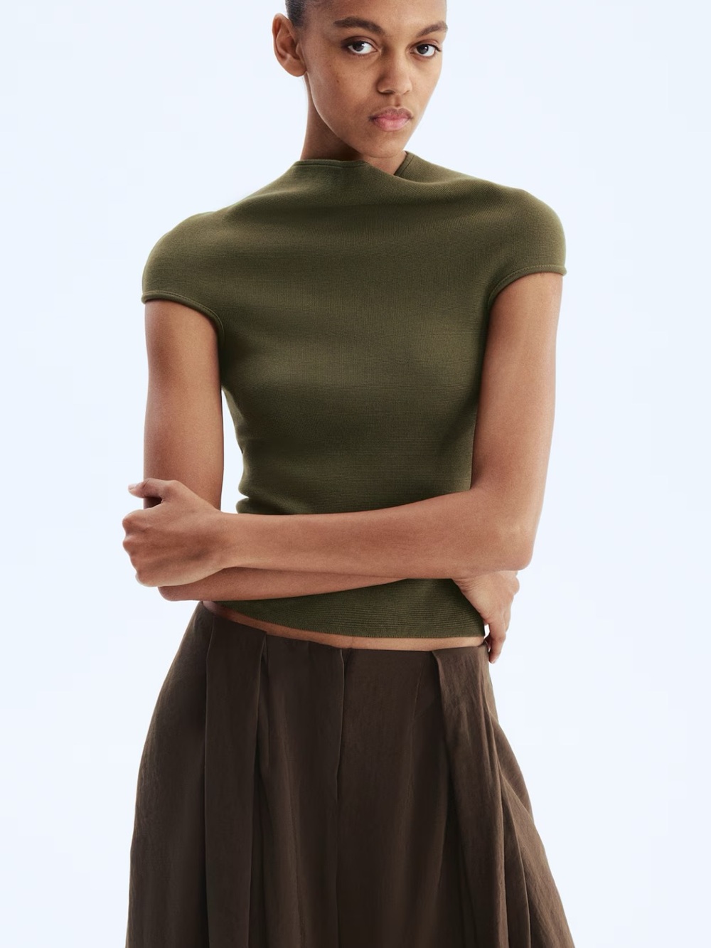 H&M Olive Green Cap-Sleeve Crop Top
